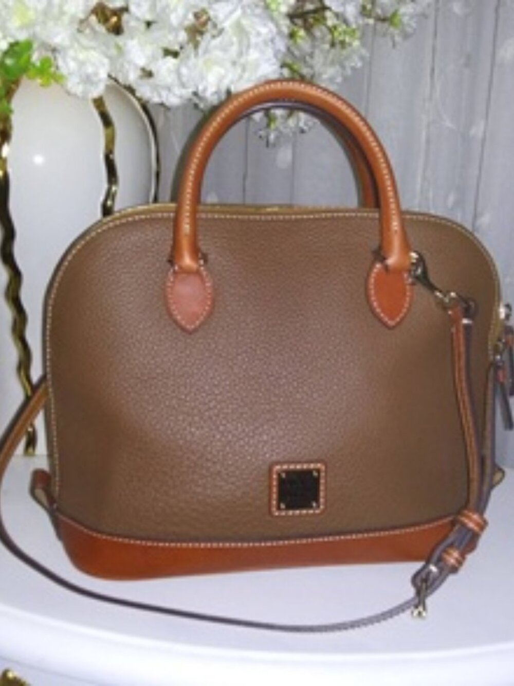 New Dooney & Bourke Pebble Leather Zip Satchel Bark